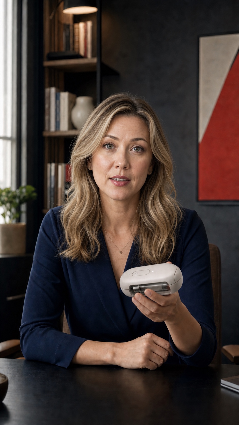 Blonde expert holding a conceptual wearable medical device while speaking directly to a social audience