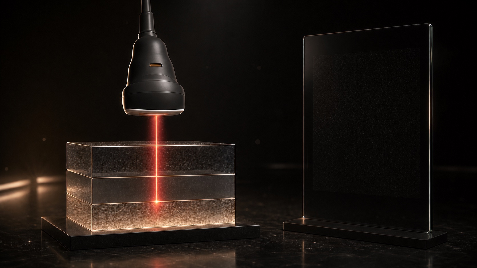 Concept simulation showing a single outbound pulse entering a simplified layered material block